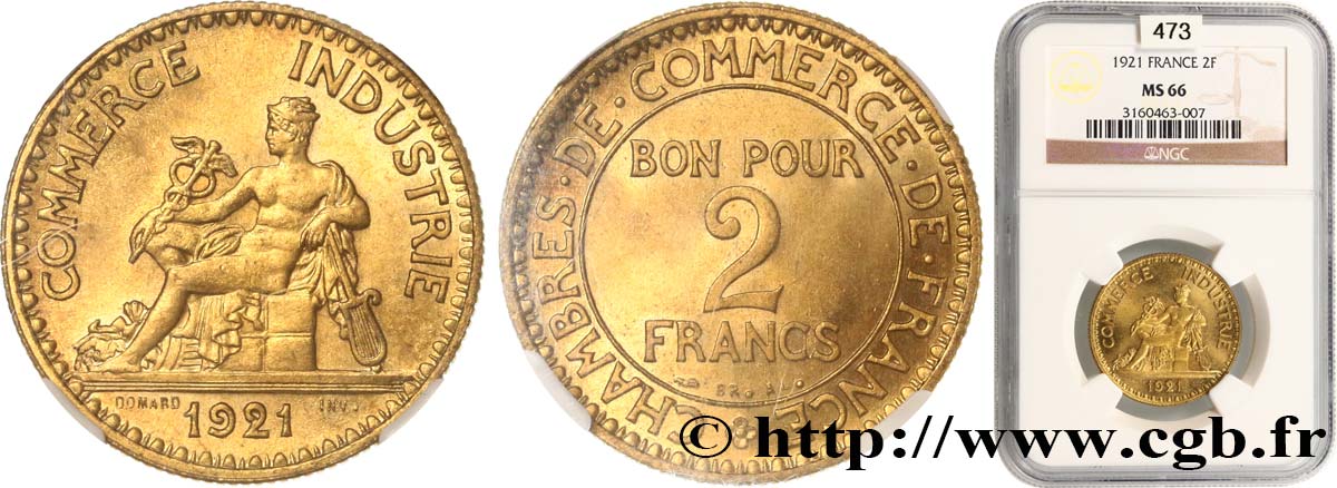 2 francs Chambres de Commerce 1921  F.267/3 MS66 NGC
