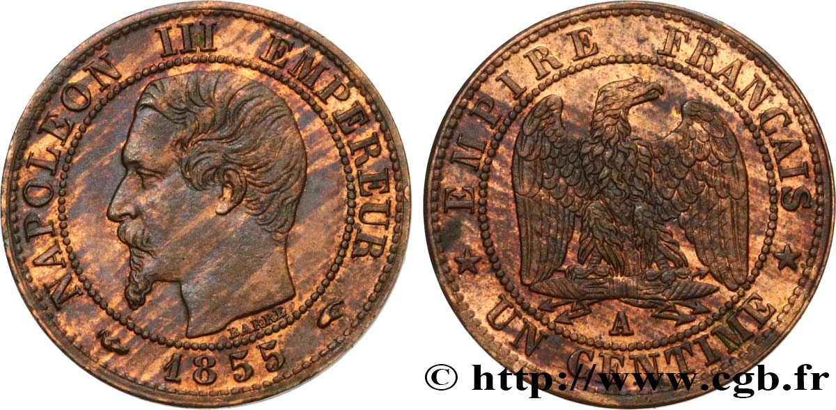 Un centime Napoléon III, tête nue, différent levrette 1855 Paris F.102/15 EBC60 