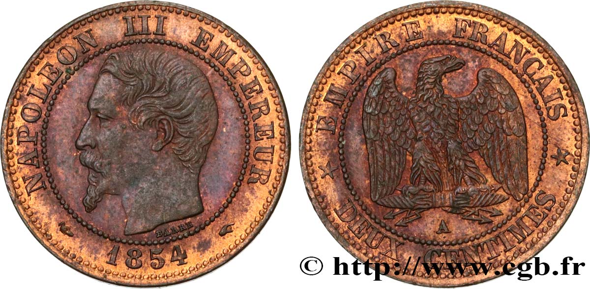 Deux centimes Napoléon III, tête nue 1854 Paris F.107/9 AU58 