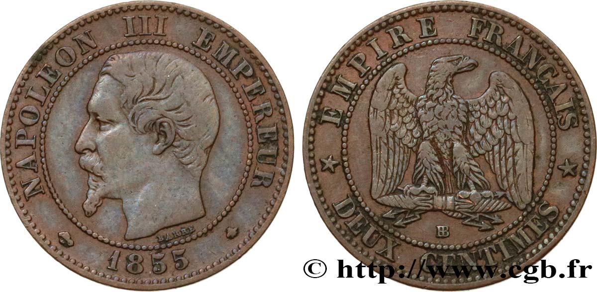 Deux centimes Napoléon III, tête nue 1855 Strasbourg F.107/24 S35 