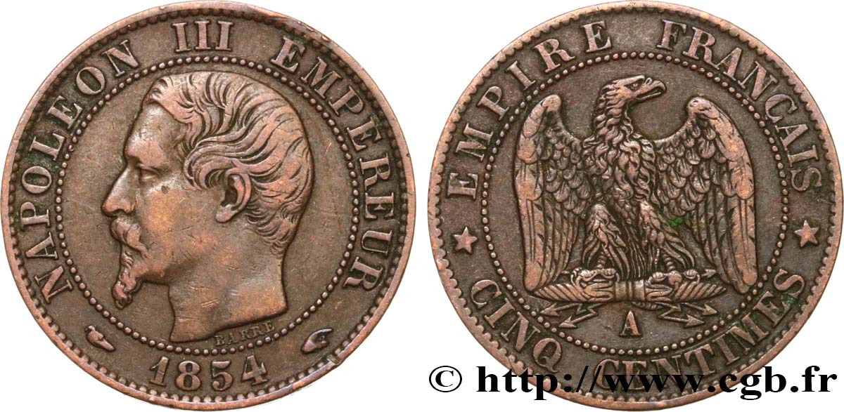 Cinq centimes Napoléon III, tête nue 1854 Paris F.116/8 MBC40 