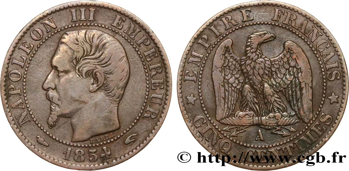 Cinq centimes Napoléon III, tête nue 1854 Paris F.116/8 MB35 