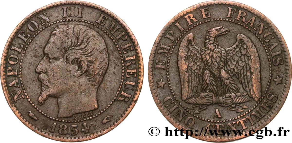 Cinq centimes Napoléon III, tête nue 1854 Paris F.116/8 TB 
