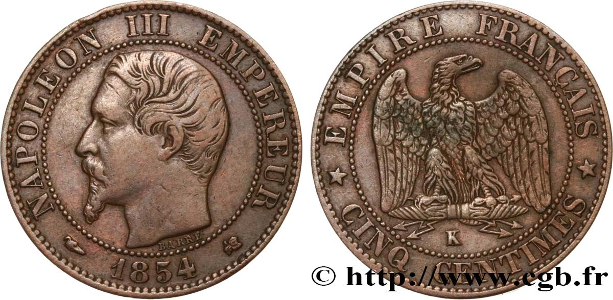 Cinq centimes Napoléon III, tête nue 1854 Bordeaux F.116/13 MBC45 