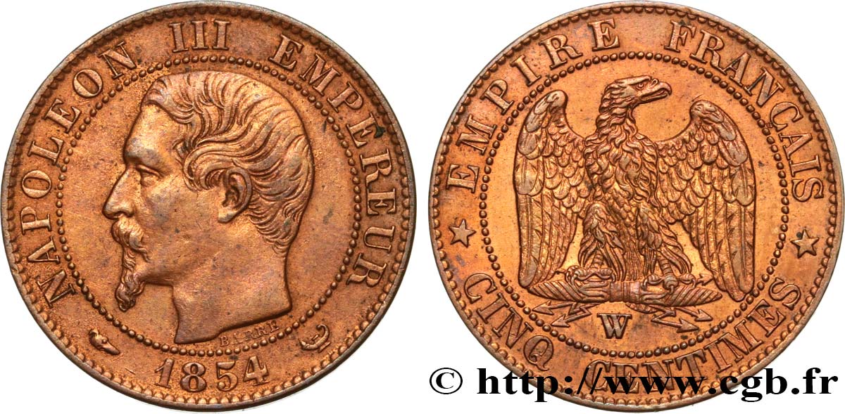 Cinq centimes Napoléon III, tête nue 1854 Lille F.116/15 SUP55 