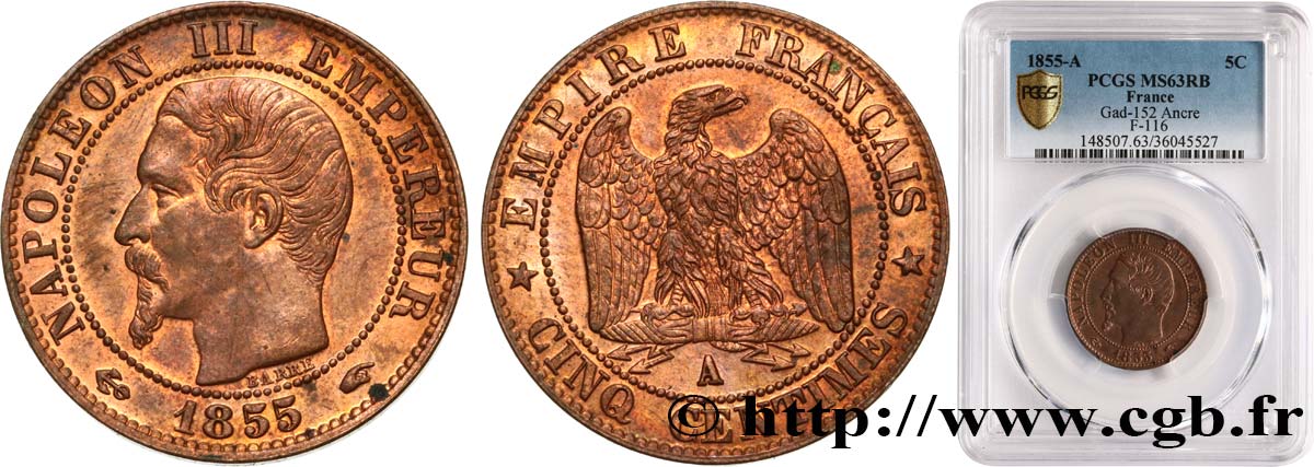 Cinq centimes Napoléon III, tête nue 1855 Paris F.116/17 SPL63 PCGS