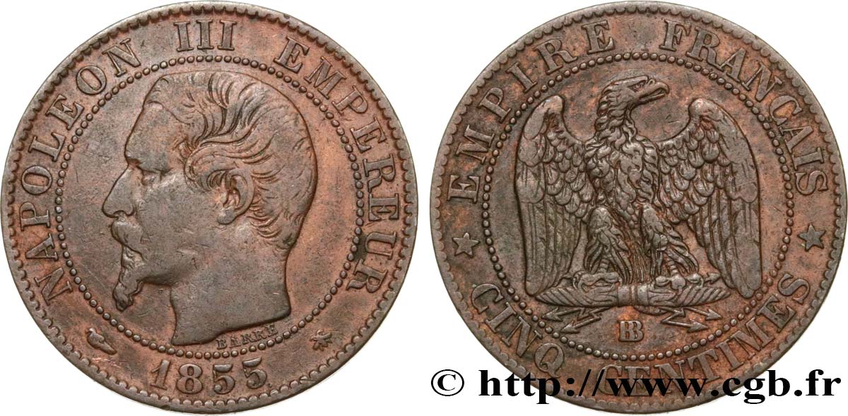 Cinq centimes Napoléon III, tête nue 1855 Strasbourg F.116/20 TB35 
