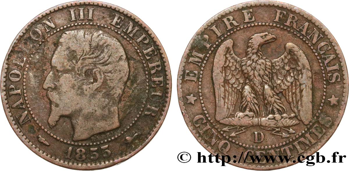 Cinq centimes Napoléon III, tête nue 1855 Lyon F.116/22 TB20 
