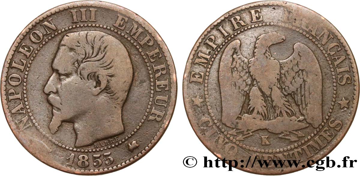Cinq centimes Napoléon III, tête nue 1855 Bordeaux F.116/24 B12 