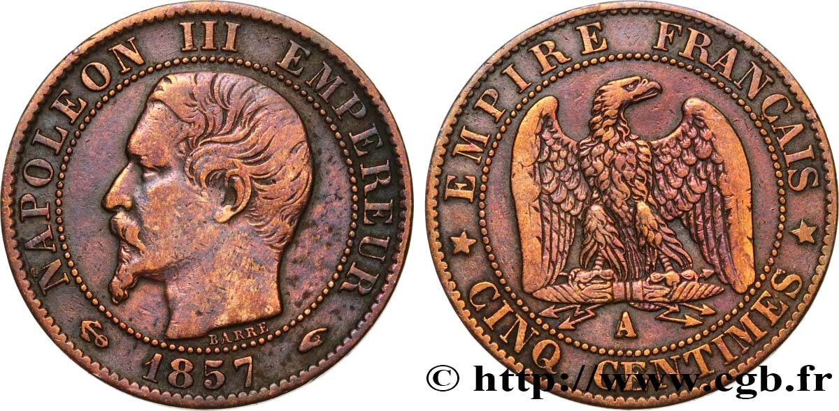 Cinq centimes Napoléon III, tête nue 1857 Paris F.116/37 TB 