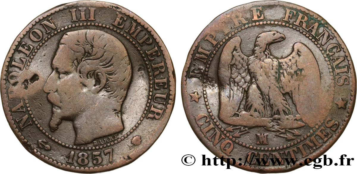 Cinq centimes Napoléon III, tête nue 1857 Marseille F.116/42 VG 