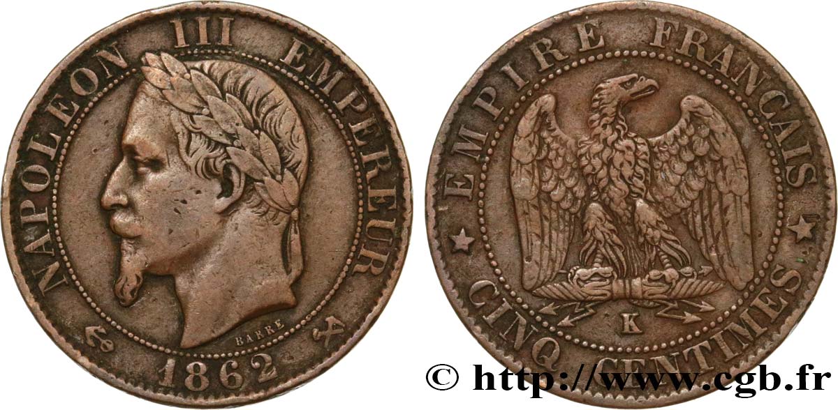 Cinq centimes Napoléon III, tête laurée 1862 Bordeaux F.117/9 TB35 