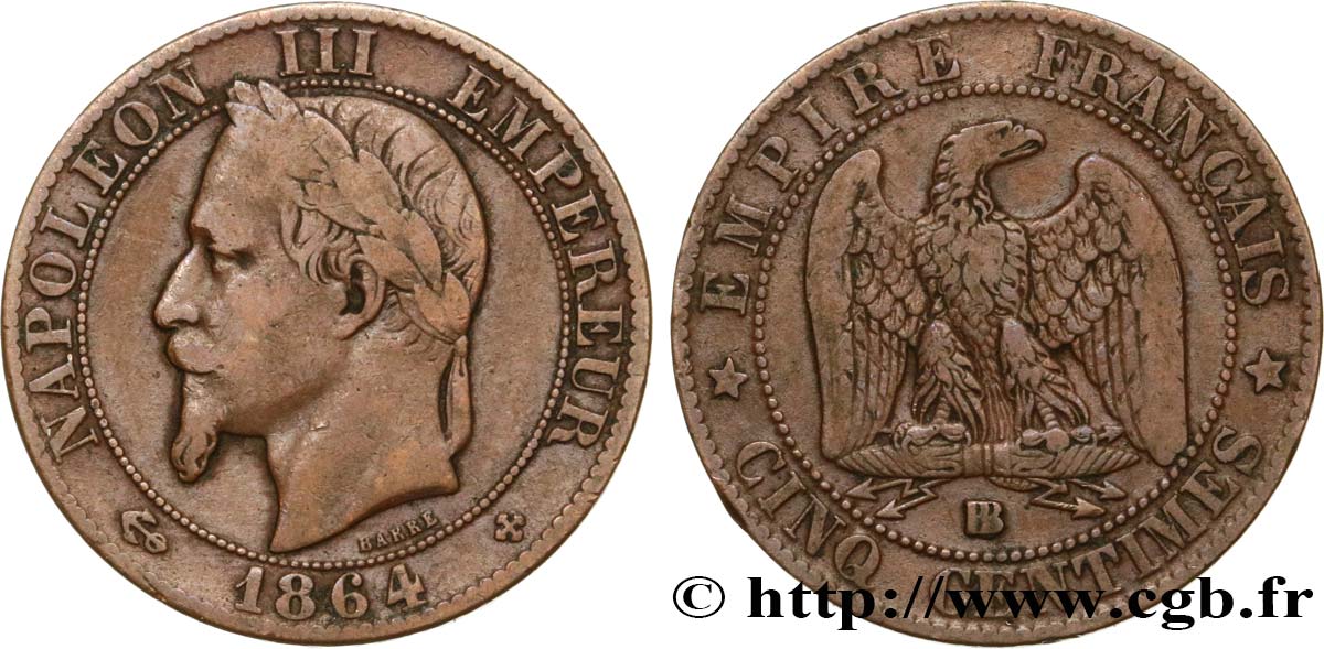 Cinq centimes Napoléon III, tête laurée 1864 Strasbourg F.117/14 S25 