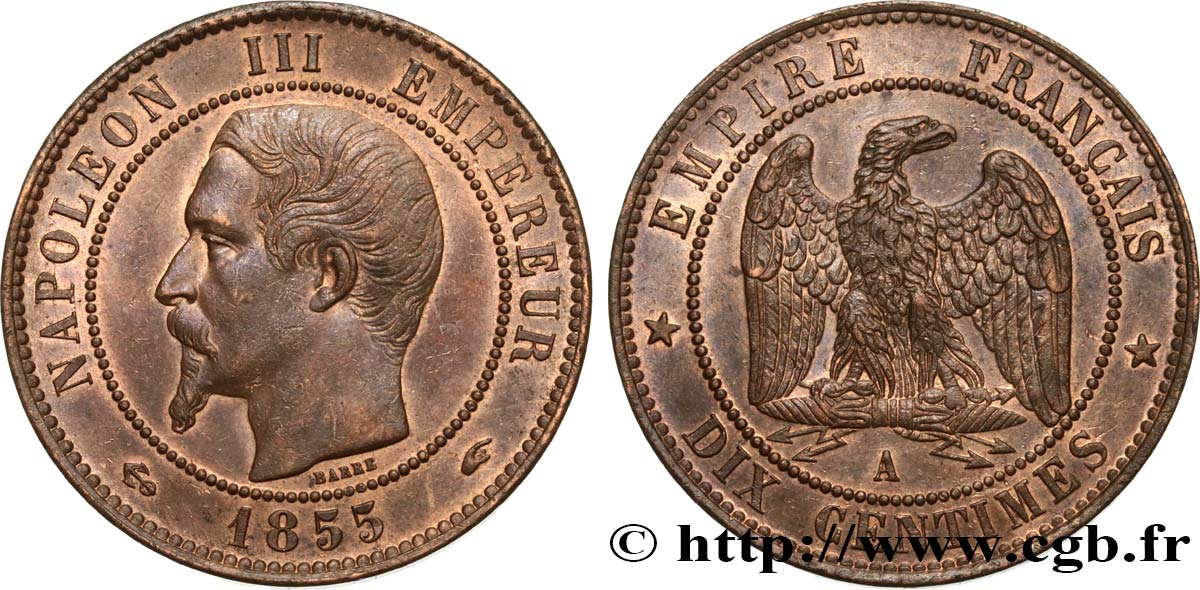 Dix centimes Napoléon III, tête nue 1855 Paris F.133/20 EBC55 
