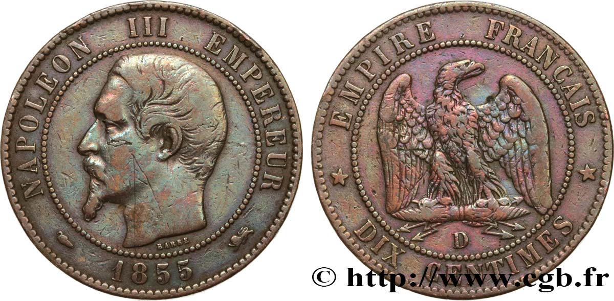 Dix centimes Napoléon III, tête nue 1855 Lyon F.133/25 BC+ 