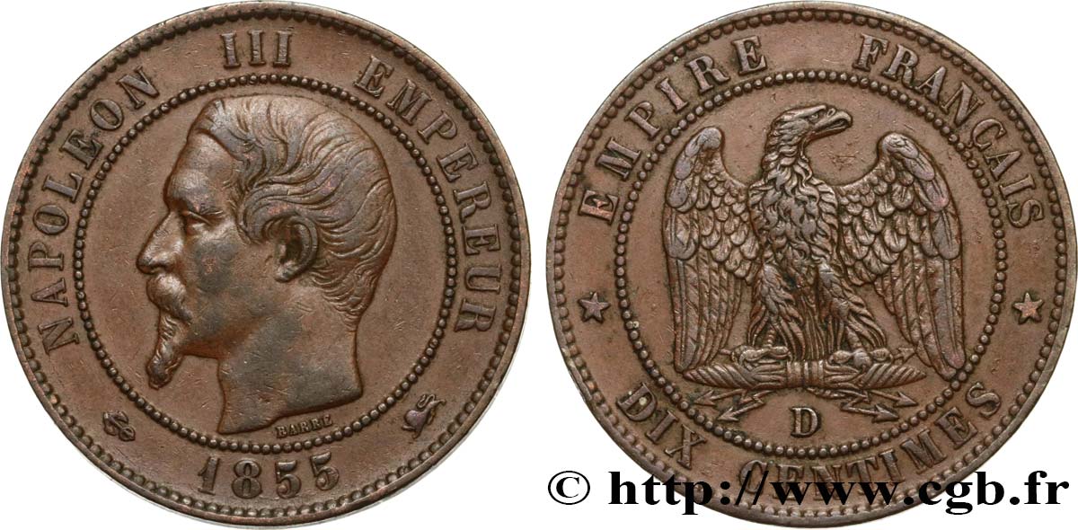 Dix centimes Napoléon III, tête nue 1855 Lyon F.133/26 MBC48 