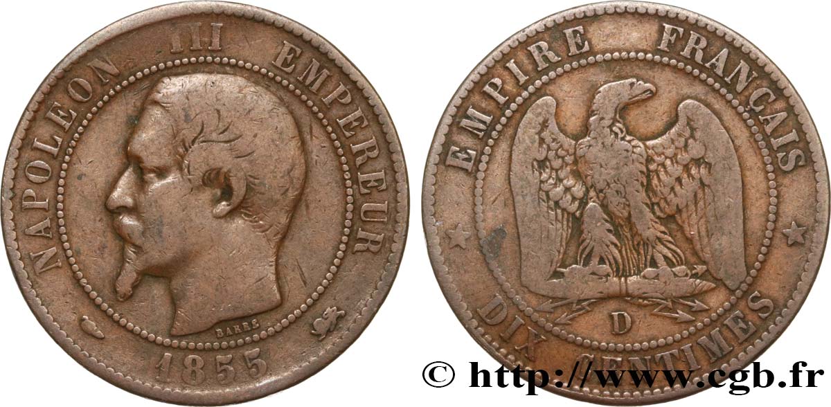 Dix centimes Napoléon III, tête nue 1855 Lyon F.133/25 F14 