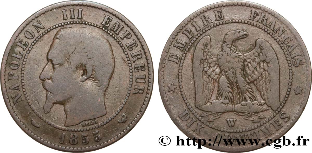 Dix centimes Napoléon III, tête nue 1855 Lille F.133/32 B12 