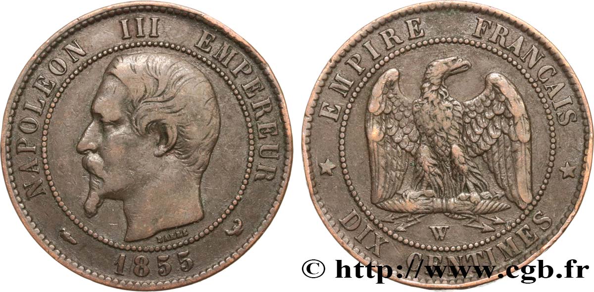 Dix centimes Napoléon III, tête nue 1855 Lille F.133/32 BC35 