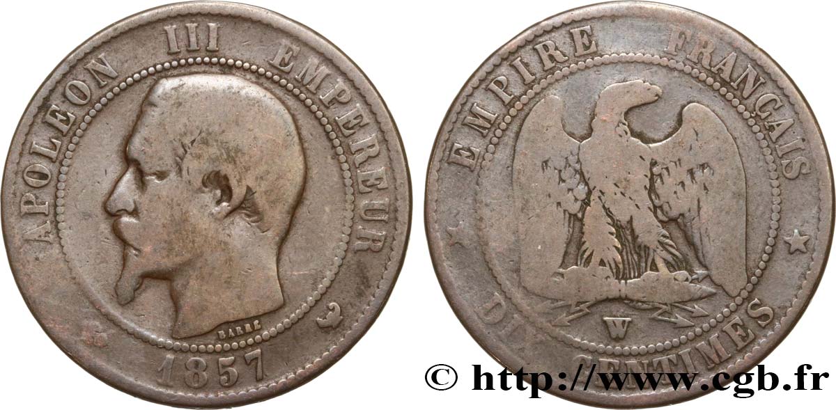Dix centimes Napoléon III, tête nue 1857 Lille F.133/46 B10 