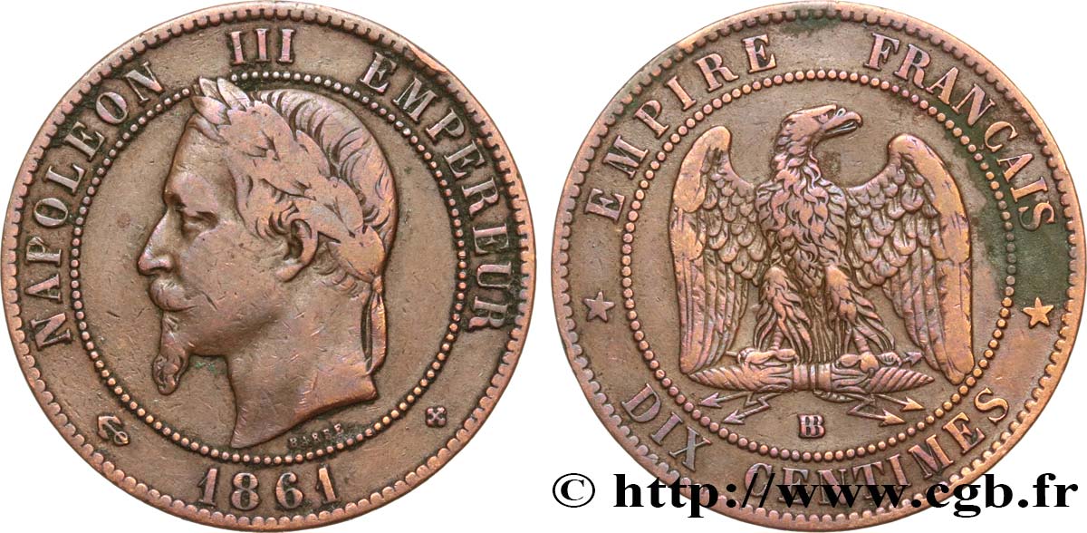 Dix centimes Napoléon III, tête laurée 1861 Strasbourg F.134/5 MB25 