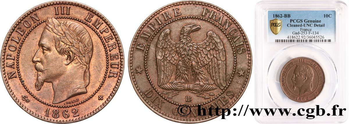 Dix centimes Napoléon III, tête laurée 1862 Strasbourg F.134/8 SPL+ PCGS