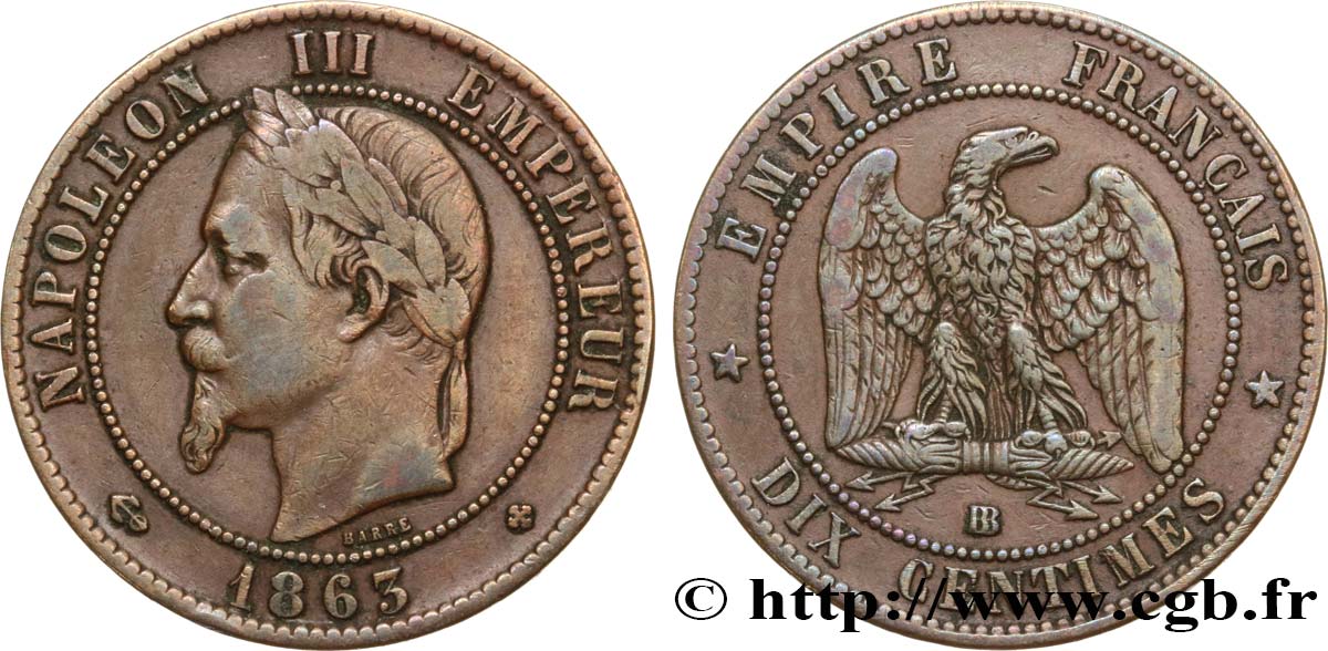 Dix centimes Napoléon III, tête laurée 1863 Strasbourg F.134/11 TB35 