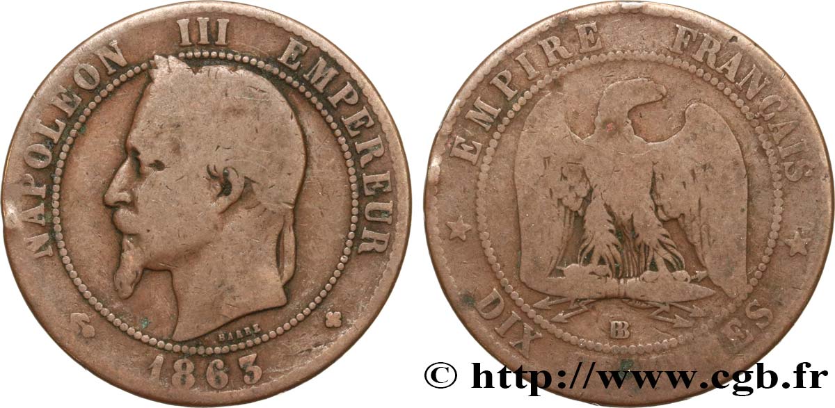 Dix centimes Napoléon III, tête laurée 1863 Strasbourg F.134/11 B8 