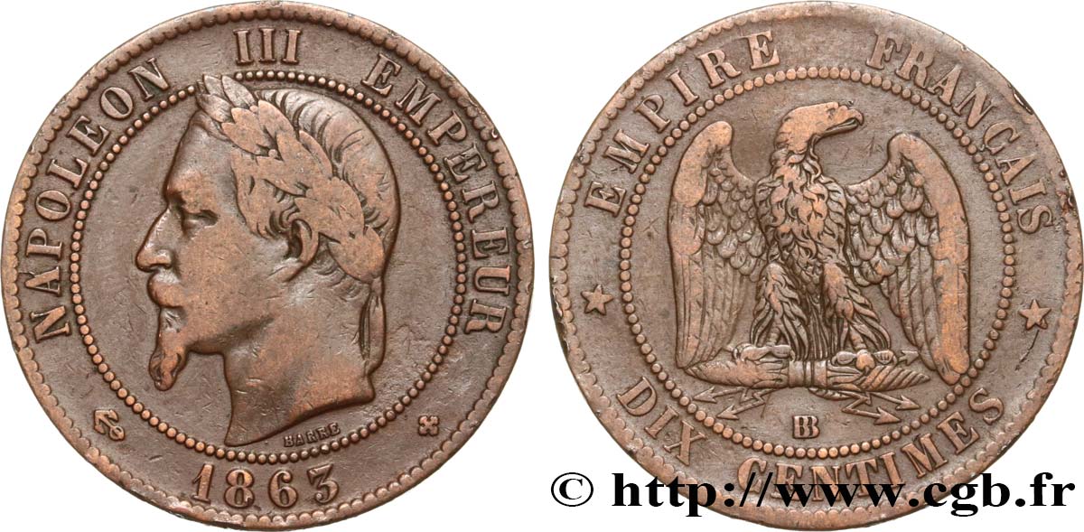 Dix centimes Napoléon III, tête laurée 1863 Strasbourg F.134/11 VF30 