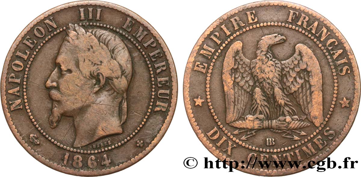 Dix centimes Napoléon III, tête laurée 1864 Strasbourg F.134/14 TB 