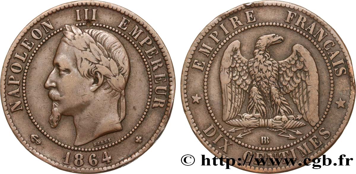 Dix centimes Napoléon III, tête laurée 1864 Strasbourg F.134/14 BC30 