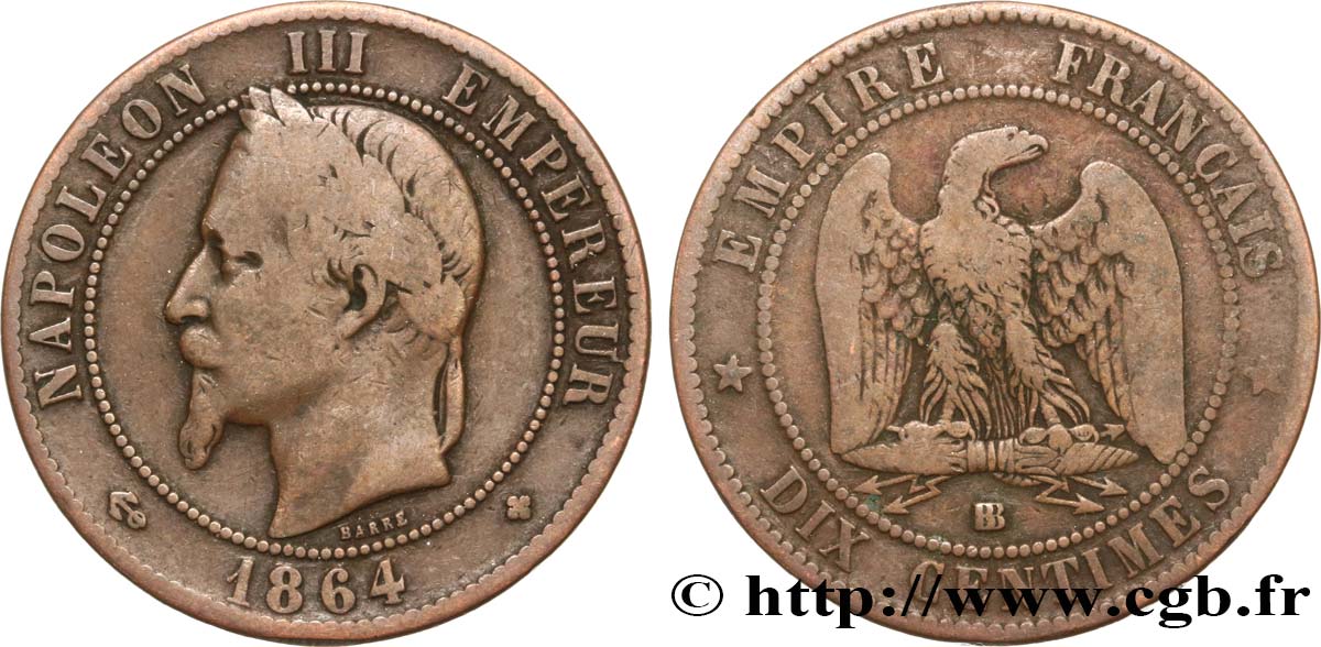 Dix centimes Napoléon III, tête laurée 1864 Strasbourg F.134/14 S15 