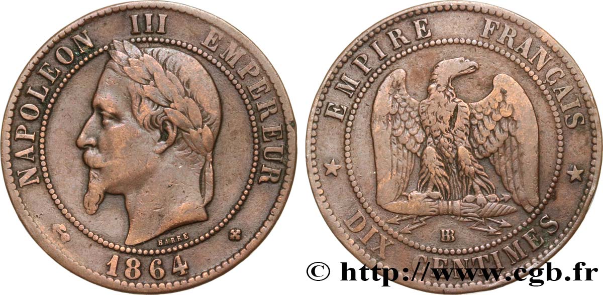 Dix centimes Napoléon III, tête laurée 1864 Strasbourg F.134/14 BC 