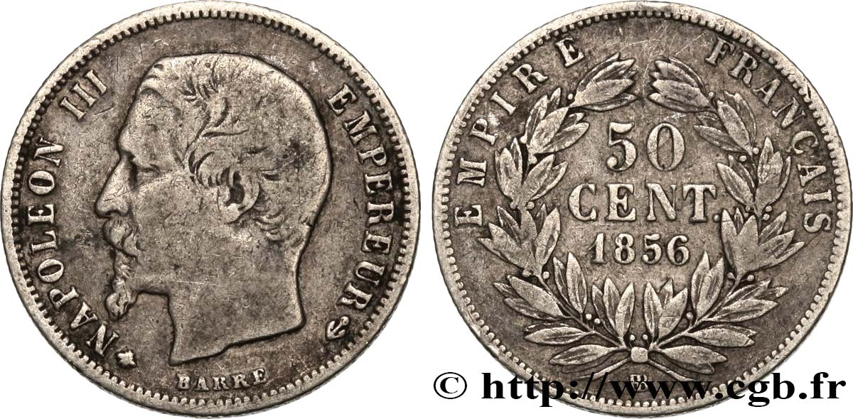 50 centimes Napoléon III, tête nue 1856 Strasbourg F.187/6 VF25 