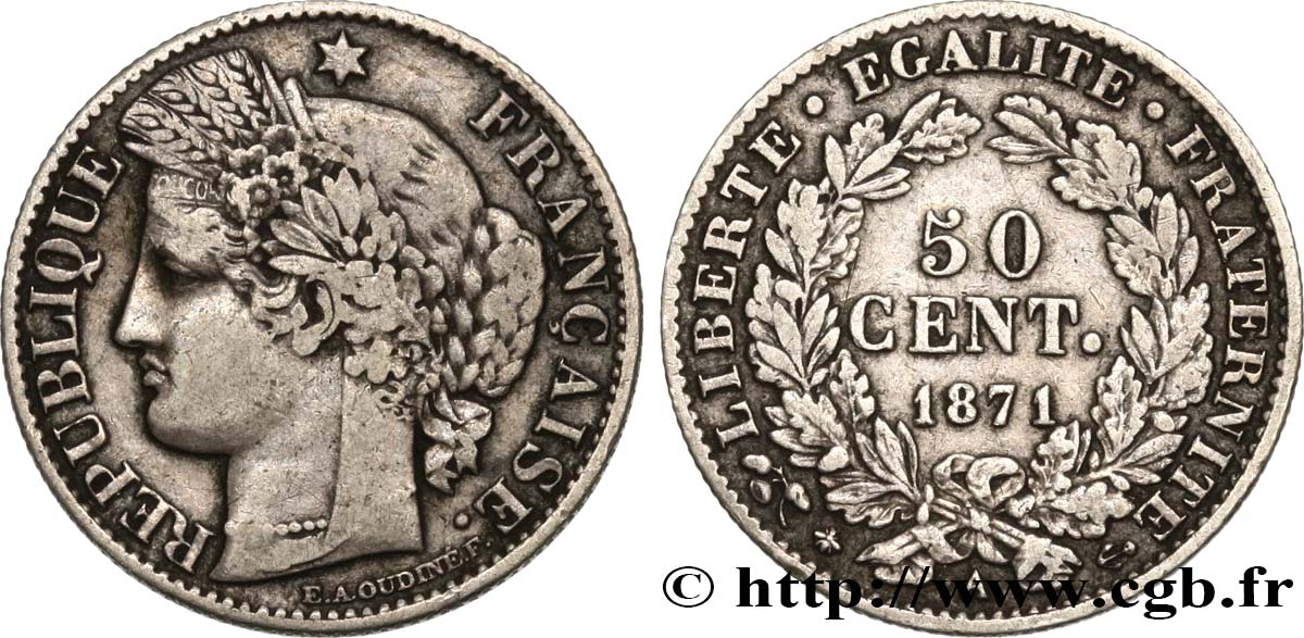 50 centimes Cérès, IIIe République 1871 Paris F.189/1 VF25 