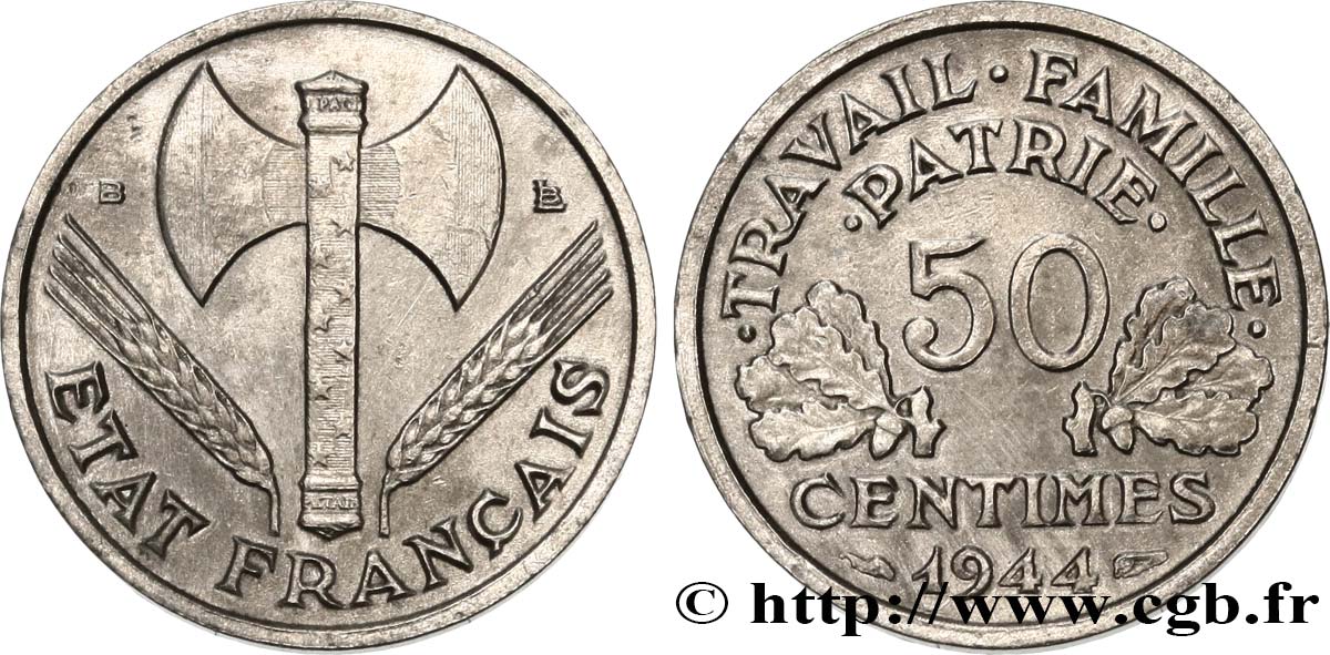 50 centimes Francisque, légère 1944 Beaumont-Le-Roger F.196/5 fVZ 