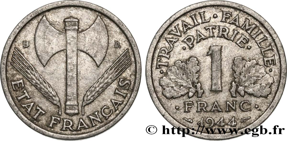 1 franc Francisque, légère 1944 Beaumont-Le-Roger F.223/6 TB25 