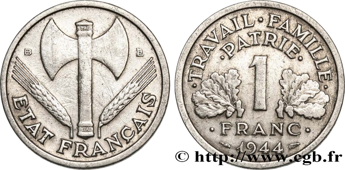 1 franc Francisque, légère 1944 Beaumont-Le-Roger F.223/6 q.MB 