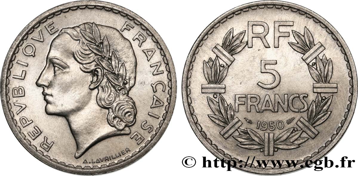 5 francs Lavrillier, aluminium 1950  F.339/20 SPL63 