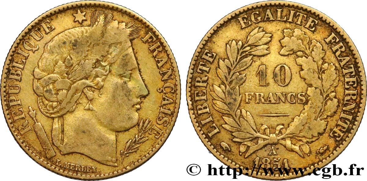10 francs or Cérès, IIe République 1851 Paris F.504/3 TB35 