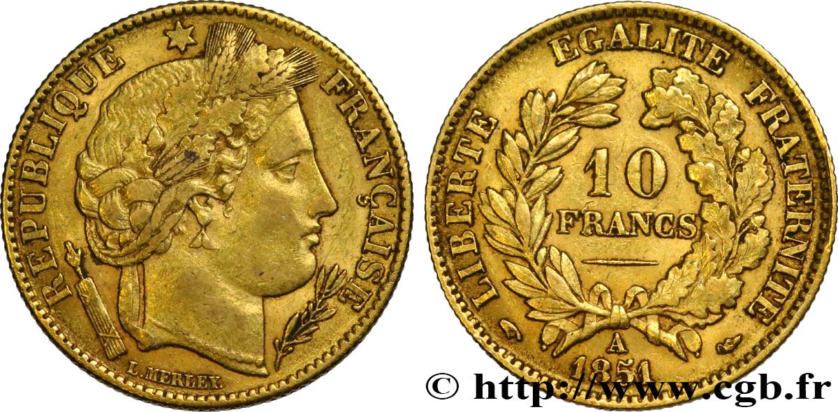 10 francs or Cérès, IIe République 1851 Paris F.504/3 TB38 