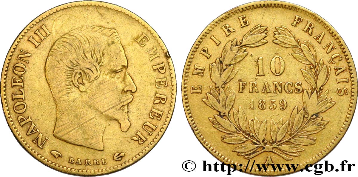 10 francs or Napoléon III, tête nue 1859 Paris F.506/7 VF 