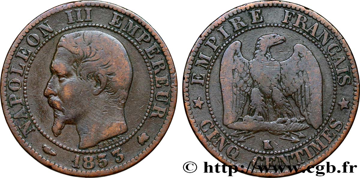 Cinq centimes Napoléon III, tête nue 1853 Bordeaux F.116/5 F15 