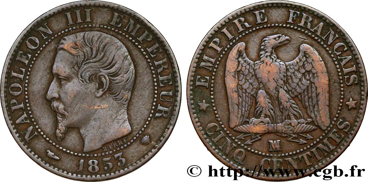 Cinq centimes Napoléon III, tête nue 1853 Marseille F.116/6 S25 