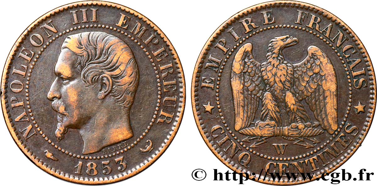 Cinq centimes Napoléon III, tête nue 1853 Lille F.116/7 TTB40 