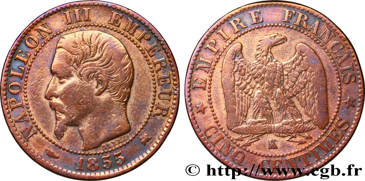 Cinq centimes Napoléon III, tête nue 1855 Bordeaux F.116/24 BC 