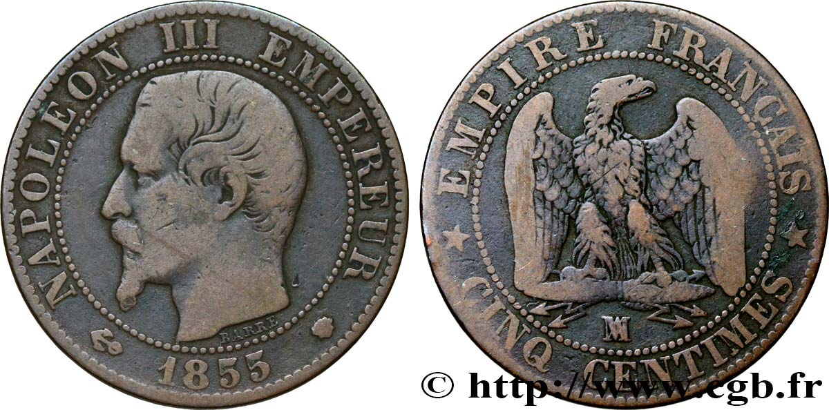 Cinq centimes Napoléon III, tête nue 1855 Marseille F.116/27 F15 