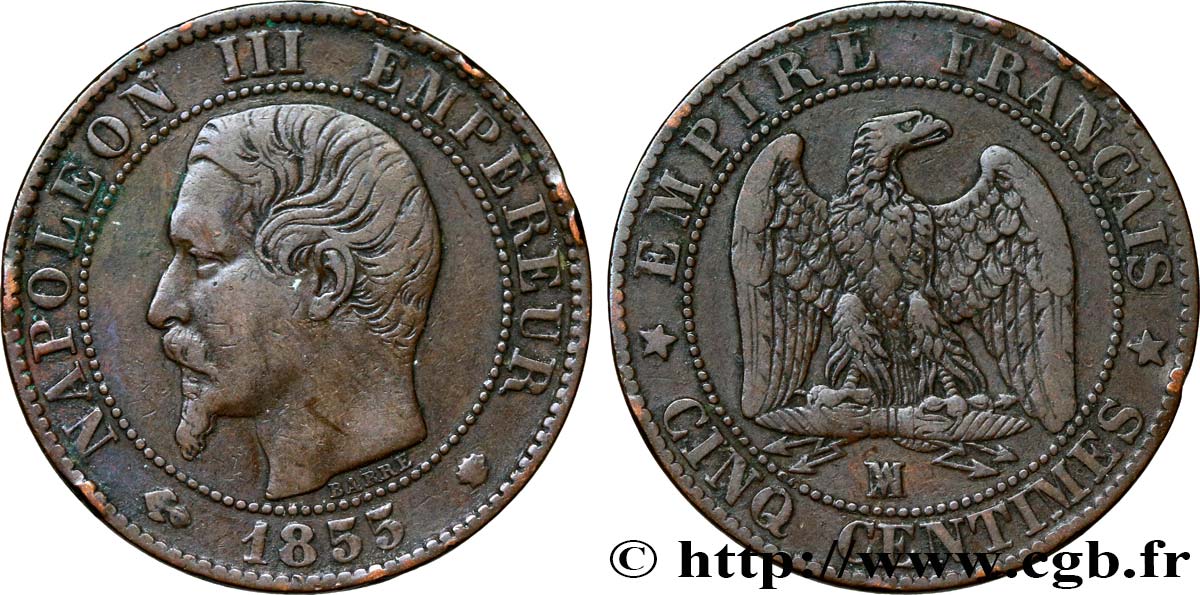 Cinq centimes Napoléon III, tête nue 1855 Marseille F.116/27 TTB40 