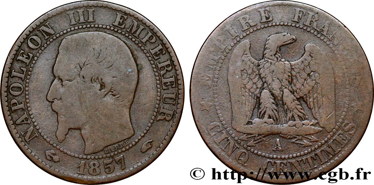 Cinq centimes Napoléon III, tête nue 1857 Paris F.116/37 RC12 
