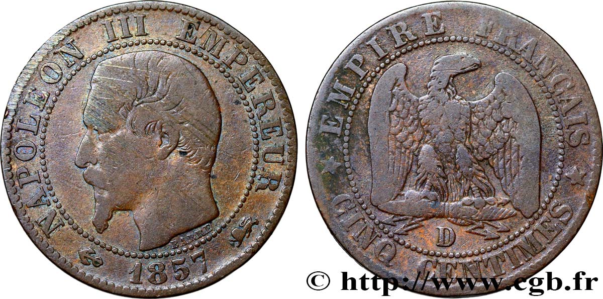 Cinq centimes Napoléon III, tête nue 1857 Lyon F.116/40 B 